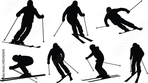 Skiing silhouettes set with winter sport action poses isolated on white background extreme outdoor activity vector illustration collection for design