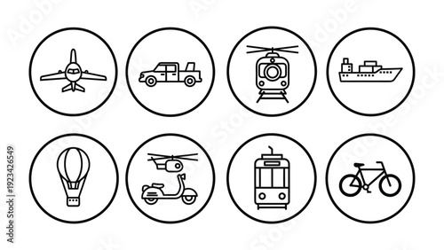 Transportation Icon Collection: A meticulously curated collection of transportation icons, elegantly depicting diverse modes of transport against a clean and sleek backdrop.