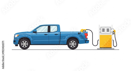 Blue Pickup Truck Refueling at Gas Pump.