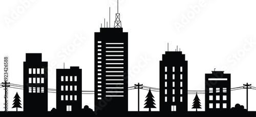 Urban city skyline silhouette with buildings, trees and power lines, modern metropolitan landscape concept isolated on white background for architecture and infrastructure design