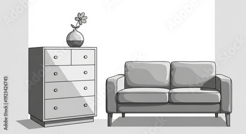 Modern Sofa and Chest of Drawers with Flower Vase Illustration.