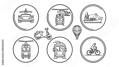 Transportation Icon: A collection of various transportation modes are presented in a circular design, showcasing their unique forms. This image features minimalist line art.