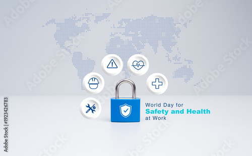 World Day for Safety and Health at Work concept with blue padlock and protection icons over global map. Workplace safety, occupational health awareness, risk prevention and corporate compliance.