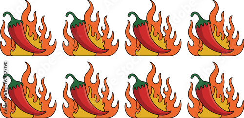Collection of eight fiery chili pepper illustrations with green stems engulfed in stylized flames, symbolizing heat, spice, and culinary intensity on white background