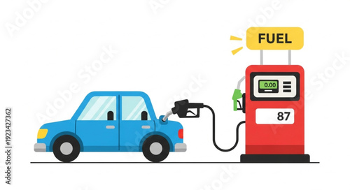 Blue Car Refueling at Gas Pump.