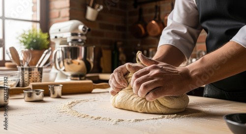 A person kneading dough on a floured surface in a kitchen with baking utensils and a mixer