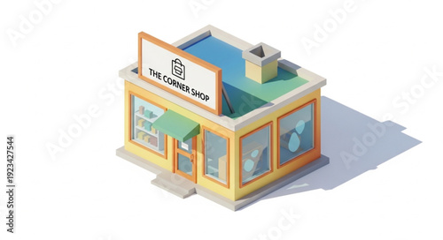 Isometric shop illustration with sign, windows, and green awning, sunny day.
