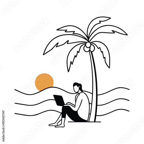 Digital nomad working remotely at tropical beach with palm tree vector illustration