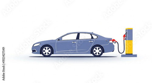 Blue Car Refueling at Gas Pump.