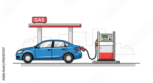 Blue Car Refueling at Gas Station.