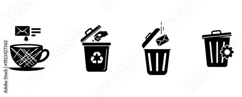 Black and white icons of trash cans and recyclables or sorting, rubbish bucket symbols