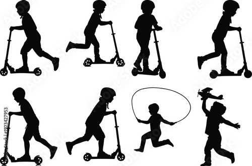Children demonstrating various scooter riding techniques and falls