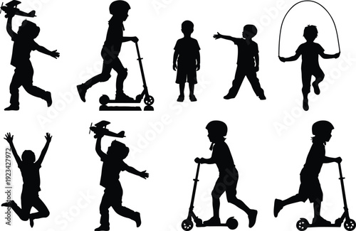 Children engaging in various outdoor play and recreational activities with different equipment