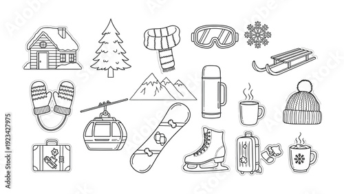 Winter Icons Illustration: A collection of meticulously crafted, line-drawn winter-themed icons evokes a sense of winter wonder and the joy of seasonal activities. 