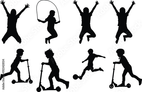 Dynamic silhouettes of people engaging in various sports and physical activities