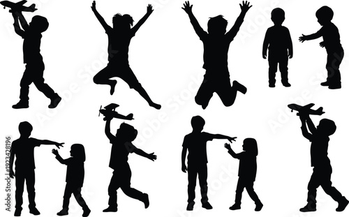 Silhouettes of people engaging in dynamic and joyful movements in various poses