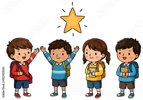 Four happy children reaching for a star symbolizing friendship and teamwork