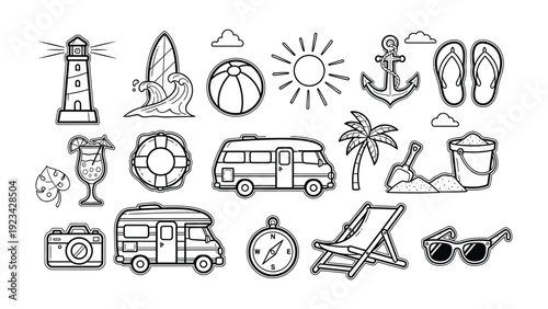 Summer Symbols: A delightful collection of line art icons representing the essence of summer, including beach, travel, and leisure elements, designed in clean black lines.