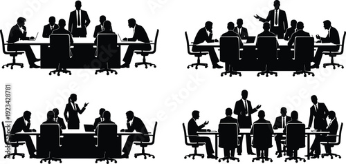 Business meeting silhouettes collection with corporate team discussion, conference table presentation and office teamwork scenes isolated on white background vector set