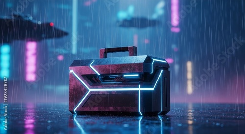 Futuristic Toolbox in Neon Rainy Landscape with Sci-Fi Elements