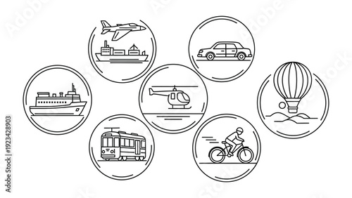 Variety of transportations: The image shows transportation vehicles in round shape. including plane, ship, car, helicopter, air balloon, bike and tram in a circle.