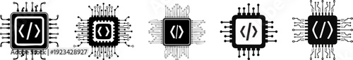 Black and white icons representing computer chips with embedded coding symbols in the center, symbolizing programming and technology integration.