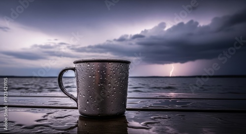 Rainy Day Serenity with a Metal Cup Captured During a Stormy Evening