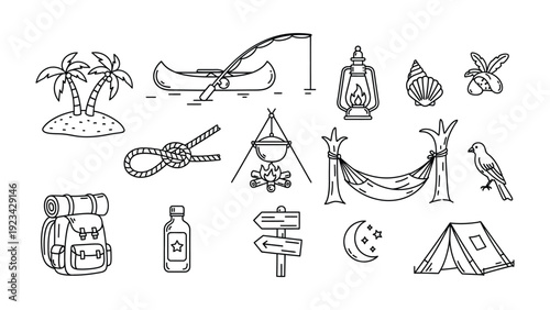 Camping Adventure Icons: Explore the great outdoors with this collection of delightful camping-themed icons, depicting essential elements for a memorable outdoor adventure.