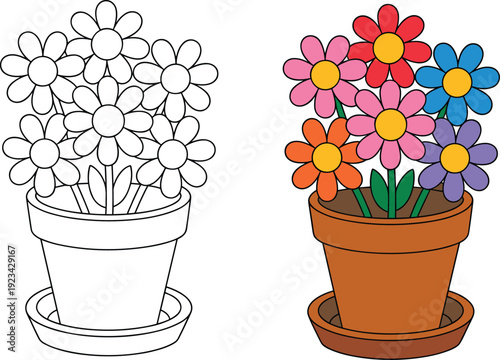 Flower pot coloring page and colorful cartoon flowers bouquet, kids educational drawing activity illustration for coloring book isolated on white background