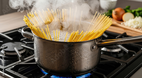 A pot of spaghetti boiling on a gas stove in a modern kitchen with ingredients nearby