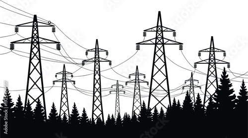 High voltage power transmission towers silhouettes with electric lines over forest landscape, energy infrastructure concept isolated on white background for electricity network design