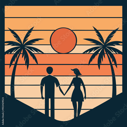Couple holding hands on beach at sunset with palm trees vector illustration