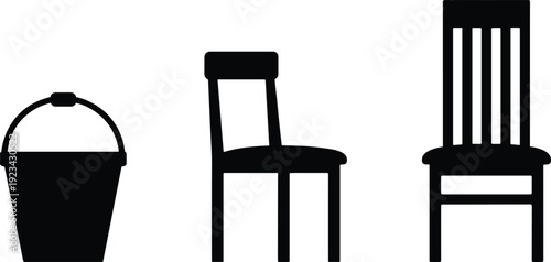 Bucket and chair silhouettes set, simple household furniture and container icons isolated on white background flat design