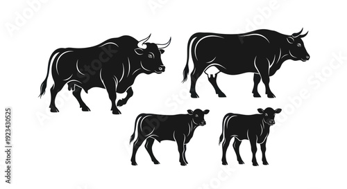 Black Silhouette Cattle Herd: Bull, Cow, Calf on White Background