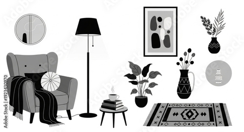 Cozy armchair with blanket and floor lamp in a stylish room setting.