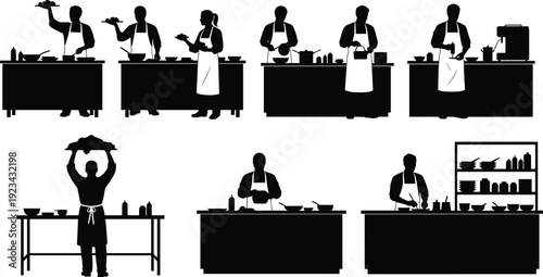 Large collection of vector silhouettes featuring professional male and female chefs cooking preparing food and serving meals at various kitchen workstations on white background