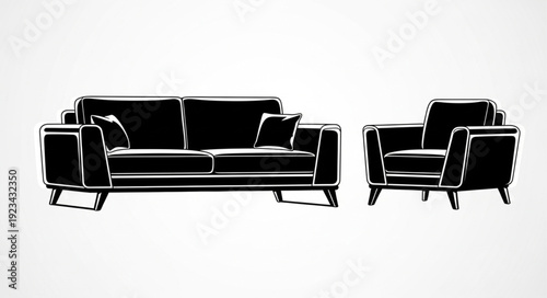 Modern Sofa and Armchair Set Black Silhouette.