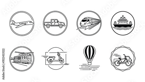 Transportation Icons: A collection of meticulously crafted, minimalistic icons showcasing diverse modes of transport, perfect for illustrating movement and travel themes.