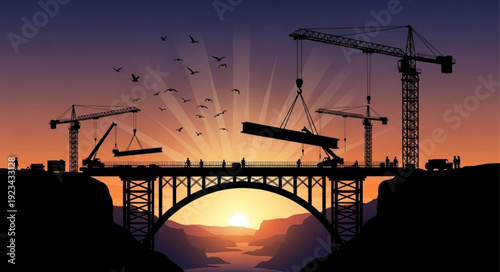 Bridge Construction at Sunset with Cranes.