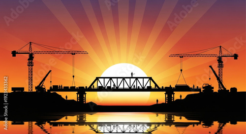 Bridge Construction Site at Sunset.
