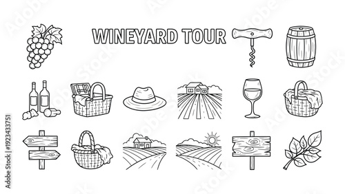 Vineyard Tour Iconography: An array of charming black and white icons that embody the quintessential experience, from grape harvest to the subtle enjoyment of the matured vintage.