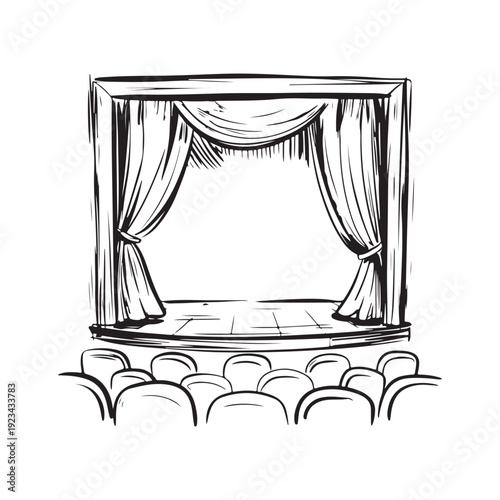 Theater Stage line art Illustration, Curtains and Empty Seats, Hand-Drawn Performance Scene vector art illustration. outline drawing theater stage with certain chair