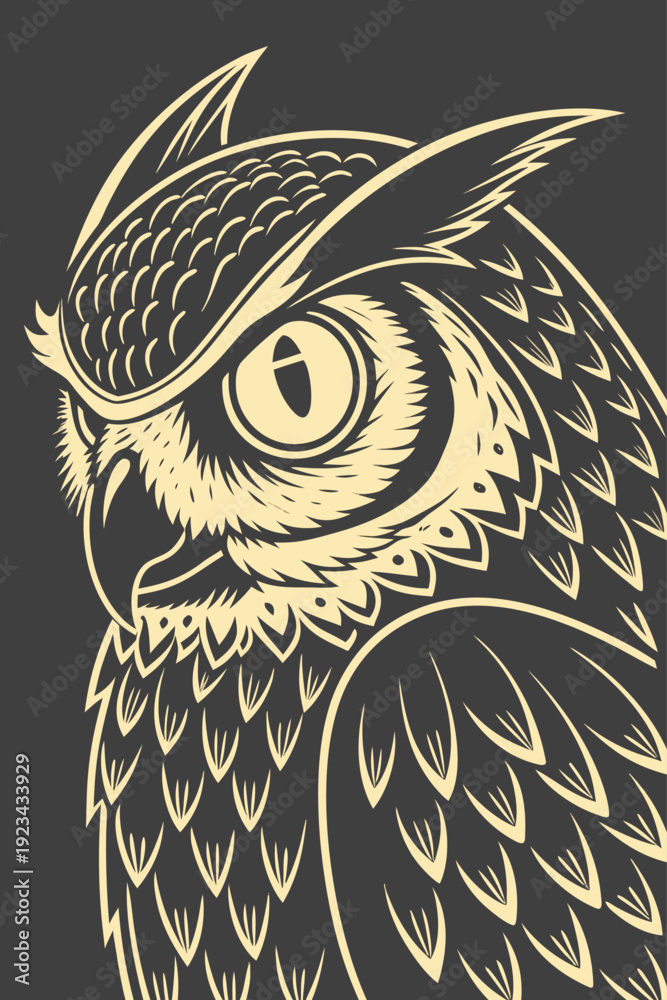 Obraz premium Owl Portrait with Large Eyes Golden Engraving Style Vector Illustration Dark Background