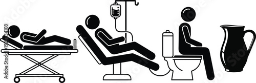 Medical dehydration treatment process with patient hospital bed IV drip and toilet isolated flat black vector illustration concept