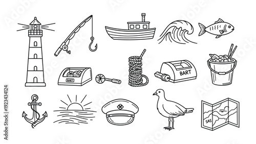 Nautical Vector Elements Collection: A whimsical collection of nautical-themed line art elements, perfect for creative projects or adding a touch of maritime charm.