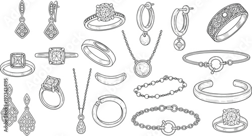 Elegant Jewelry Set Collection Featuring Luxury Diamond Rings Gold Necklaces Pearl Bracelets and Stylish Earrings in White Line Art Vector Illustration
