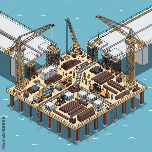 Isometric illustration of an offshore oil rig platform with cranes and equipment.
