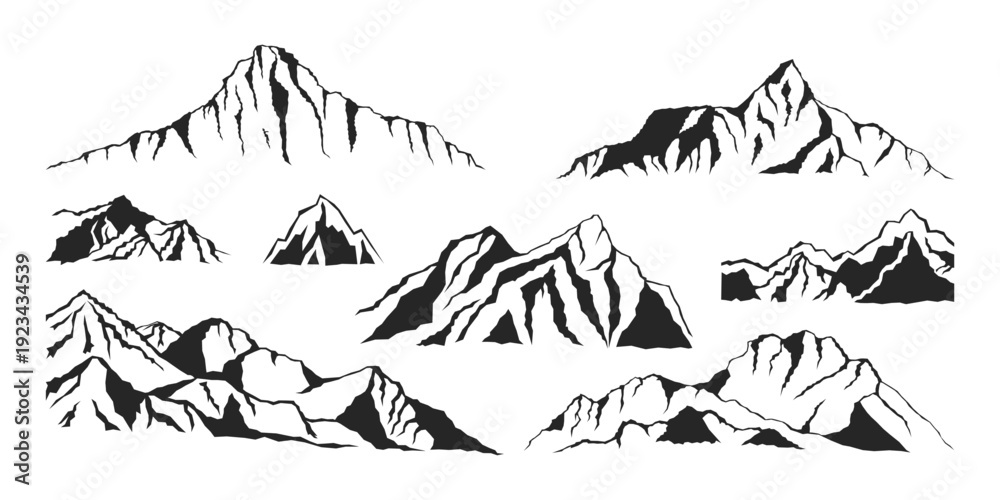 Fototapeta premium Mountain silhouettes set. Hand drawn vector illustrations of rocky peaks and ranges. Landscape elements tattoo sketches. Stencil template for hiking and camping apparel prints, travel posters, decals.