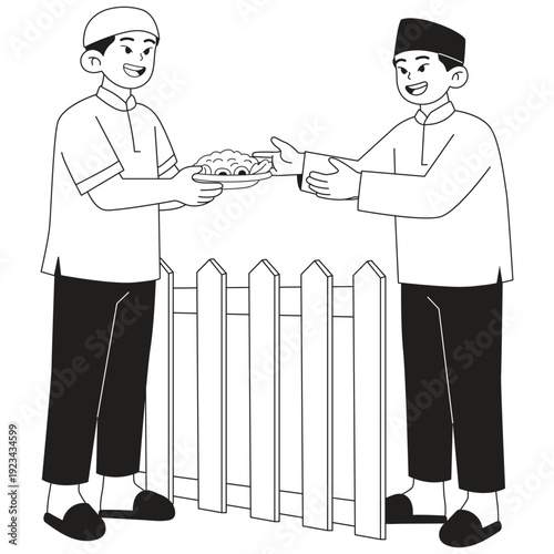 Ramadan Illustration. Vector illustration of Two men exchanging a plate of food over a fence symbolizing sharing and generosity during Ramadan. Isolated on background