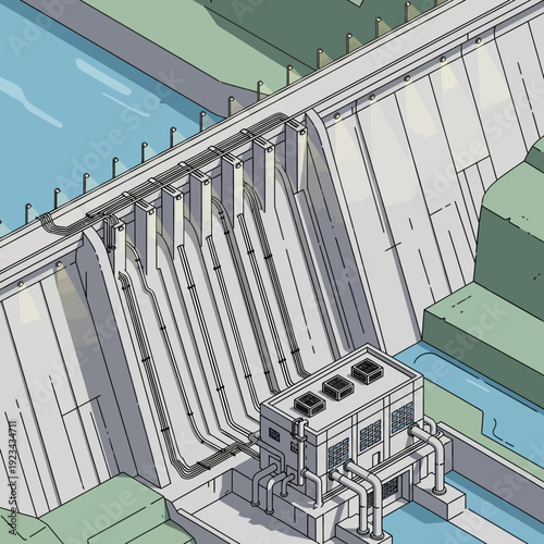 Hydroelectric Dam with Water Flowing Through Sluice Gates.